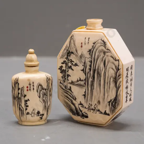 2 faux ivory or bone flasks or scent bottles, one with stopper, other has separating front panel H-85