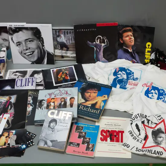 very large collection of Cliff Richard books and memorabilia - calendars, photographs, 2 records, assorted books, signed