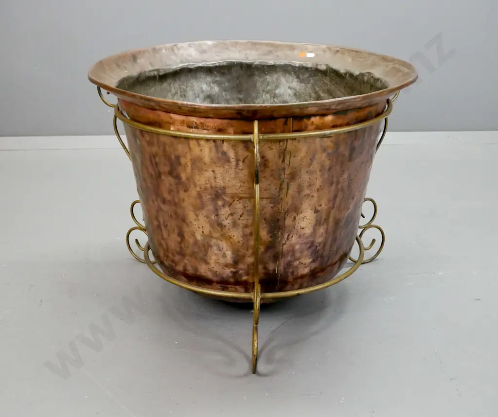 large hand beaten copper wood bin or planter with flared rim, gold painted metal scrolling legs - some wear to paint and Image 1++