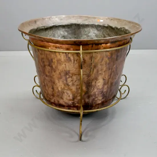 large hand beaten copper wood bin or planter with flared rim, gold painted metal scrolling legs - some wear to paint and