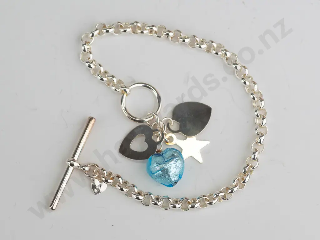 sterling silver belcher bracelet with heart & star charms Image 1++