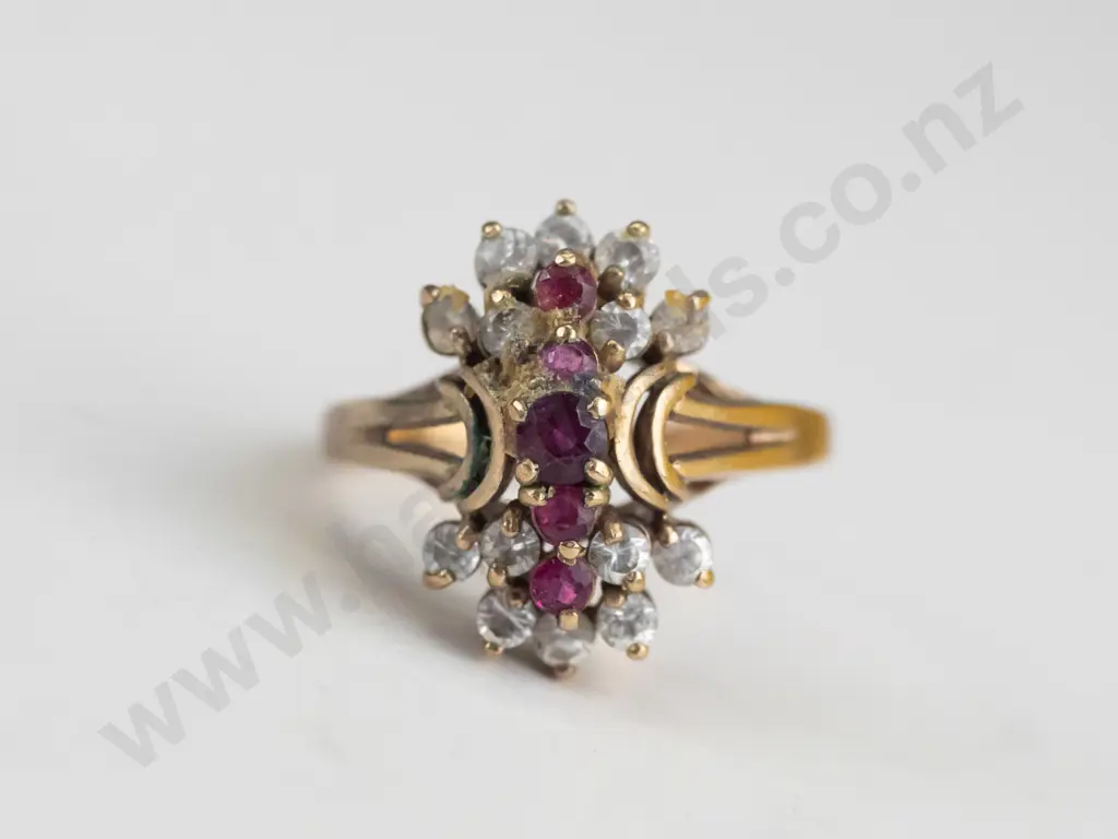 9ct cocktail ring, ruby & white stones 4.2gms  - size P.5 Image 1++
