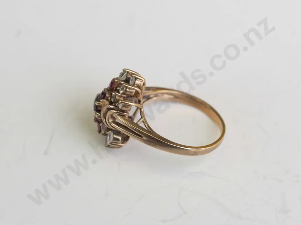 9ct cocktail ring, ruby & white stones 4.2gms  - size P.5 Image 1++
