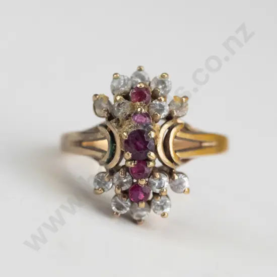 9ct cocktail ring, ruby & white stones 4.2gms  - size P.5