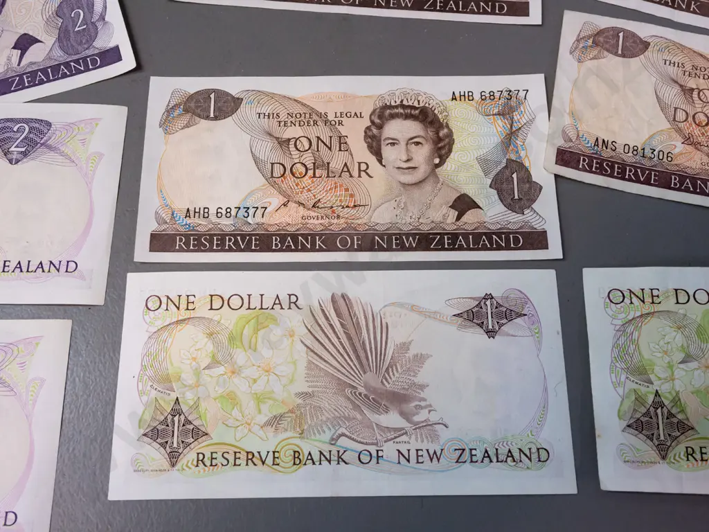 1980s-90s New Zealand $1 & $2 notes, 12x one dollar & 8x two dollar. In varying conditions. Image 1++