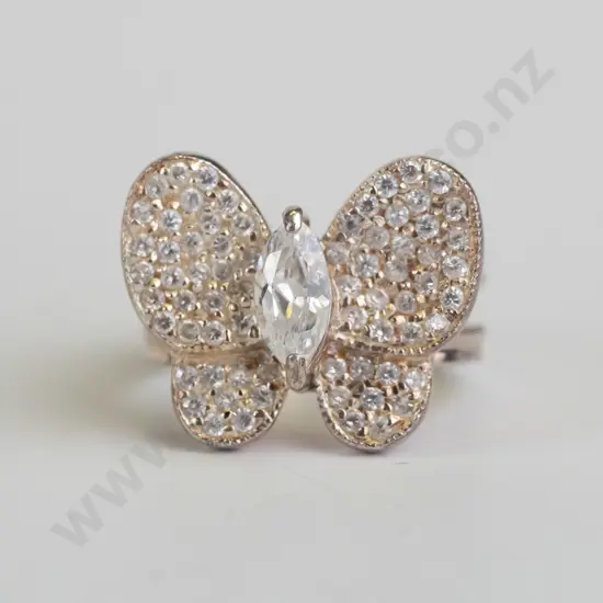 cz sterling silver butterfly themed ring - size  L