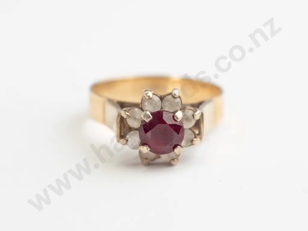 9ct round synthetic ruby and white stone ring (3.8gm)   - size P.5 Image 1++