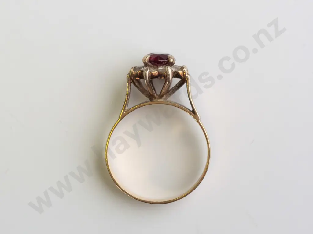 9ct round synthetic ruby and white stone ring (3.8gm)   - size P.5 Image 1++