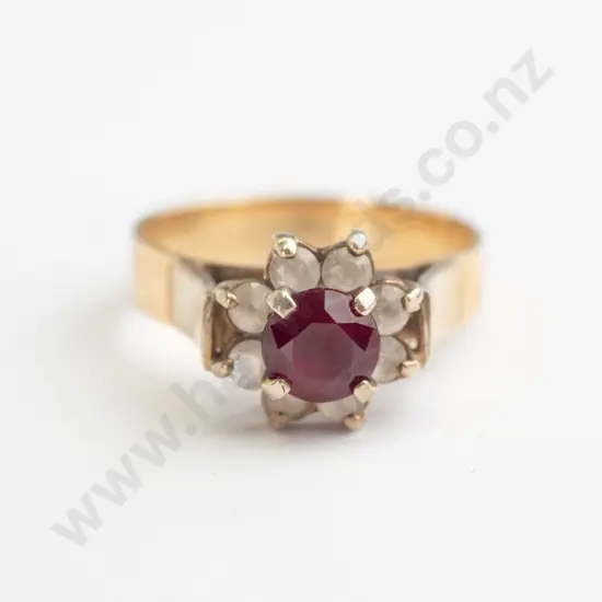 9ct round synthetic ruby and white stone ring (3.8gm)   - size P.5