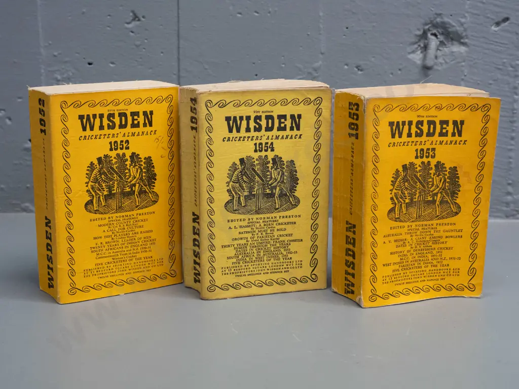 3 Wisden Cricketer's Almanack books - 1952, 53 & 54 - some wear, fading & marks Image 1++