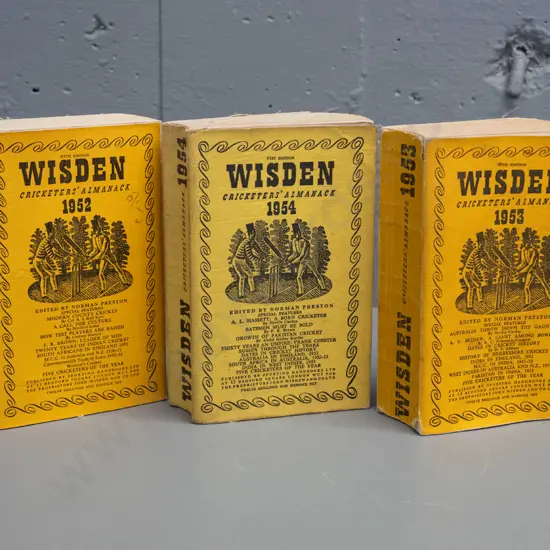 3 Wisden Cricketer's Almanack books - 1952, 53 & 54 - some wear, fading & marks