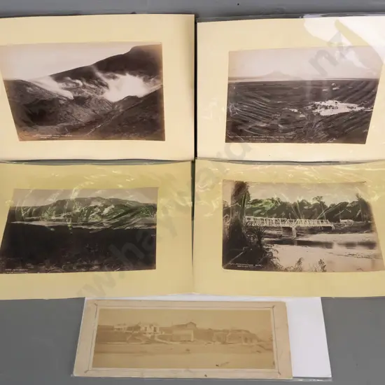 8 vintage NZ photographs, some on double sided card, 2 in mats, north island subjects: early Auckland waterfront, King