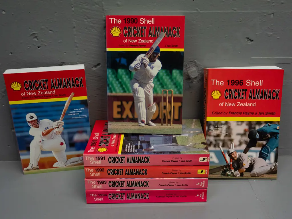 7 books - Shell New Zealand Cricket Almanack - 1990 thru 1996 - minor fading Image 1++
