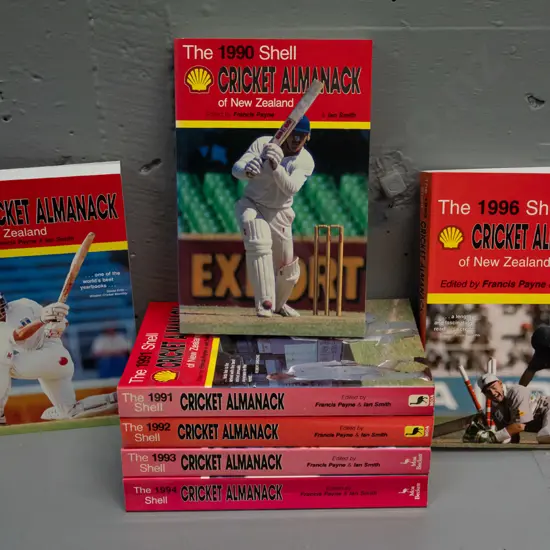 7 books - Shell New Zealand Cricket Almanack - 1990 thru 1996 - minor fading