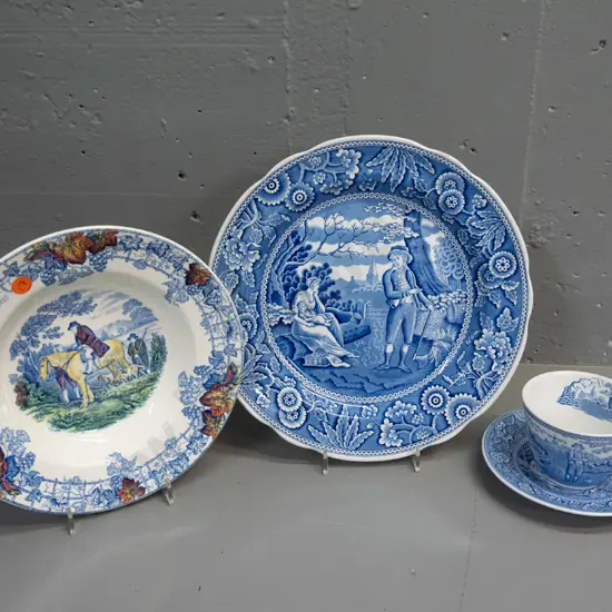 Spode Blue Room Collection "Woodman" pattern plate D-270, cup & saucer, and a vintage Spode hand painted bowl