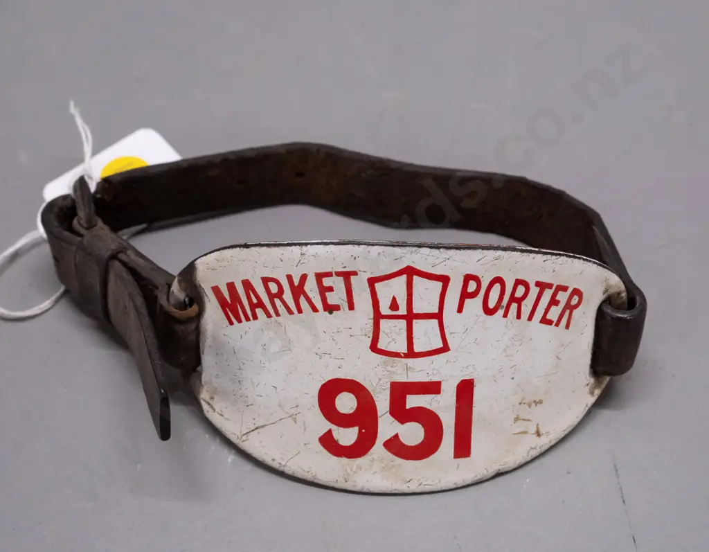 Vintage Market Porter ID badge enameled metal with leather strap. Age wear and scratching. Badge H-65 W-110 Image 1++