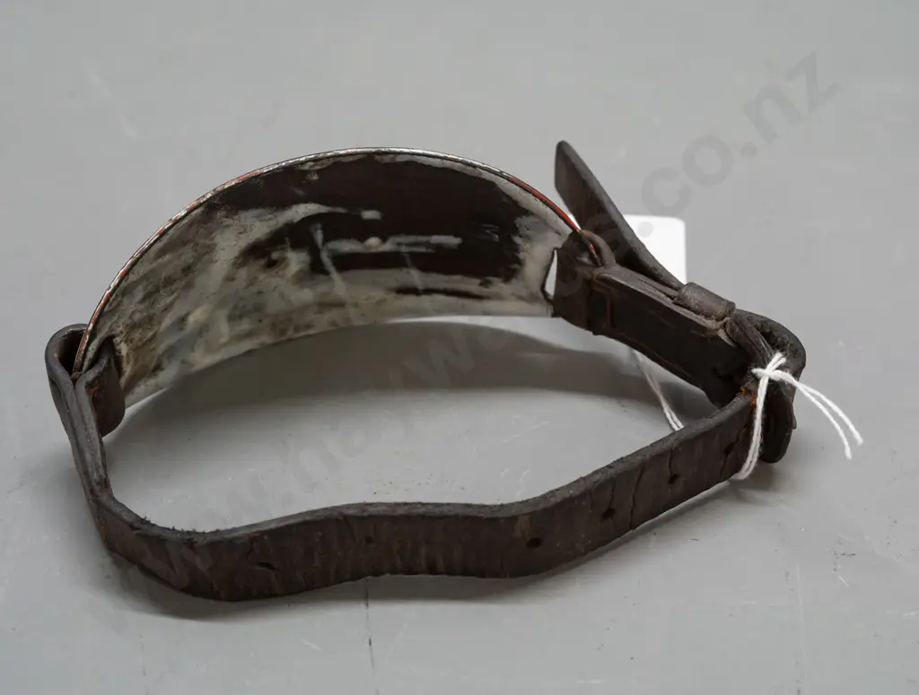 Vintage Market Porter ID badge enameled metal with leather strap. Age wear and scratching. Badge H-65 W-110 Image 1++