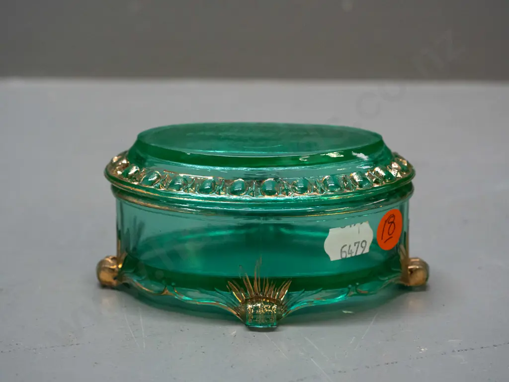 uranium glass lidded trinket with gilt trim, marked M Robertson - Dunedin exhibition 1925-26 - some wear to gilt, nice Image 1++