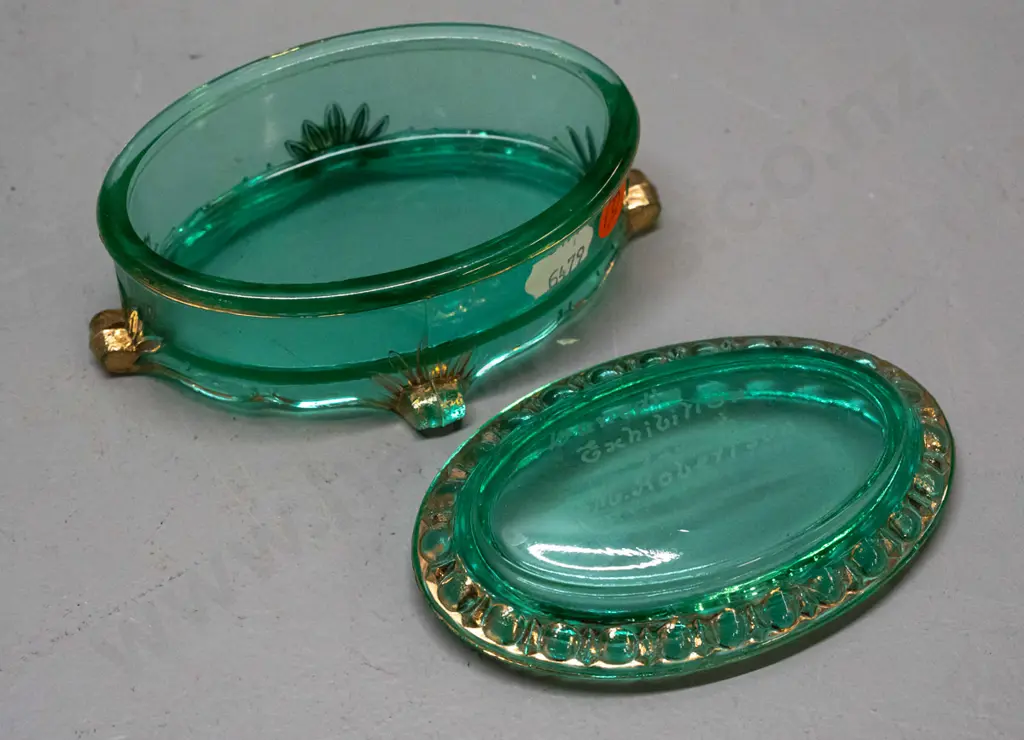 uranium glass lidded trinket with gilt trim, marked M Robertson - Dunedin exhibition 1925-26 - some wear to gilt, nice Image 1++