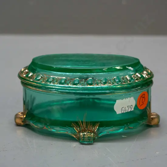 uranium glass lidded trinket with gilt trim, marked M Robertson - Dunedin exhibition 1925-26 - some wear to gilt, nice