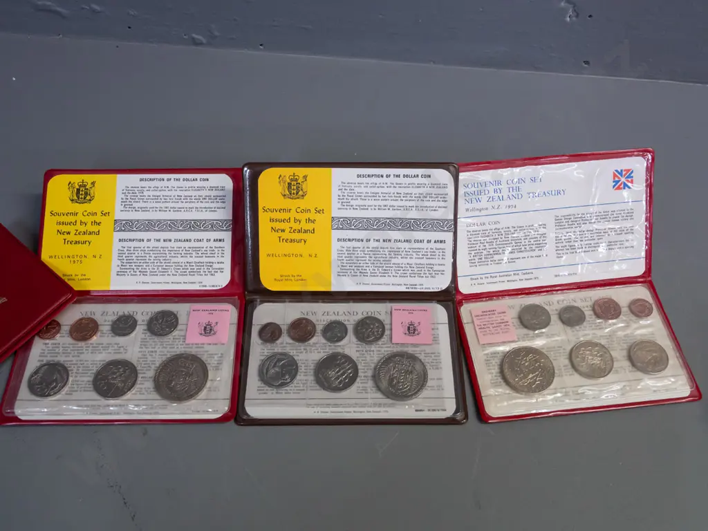 3x NZ coin collector sets: 1974, 1975, 1976 plus spare empty 1975 case Image 1++