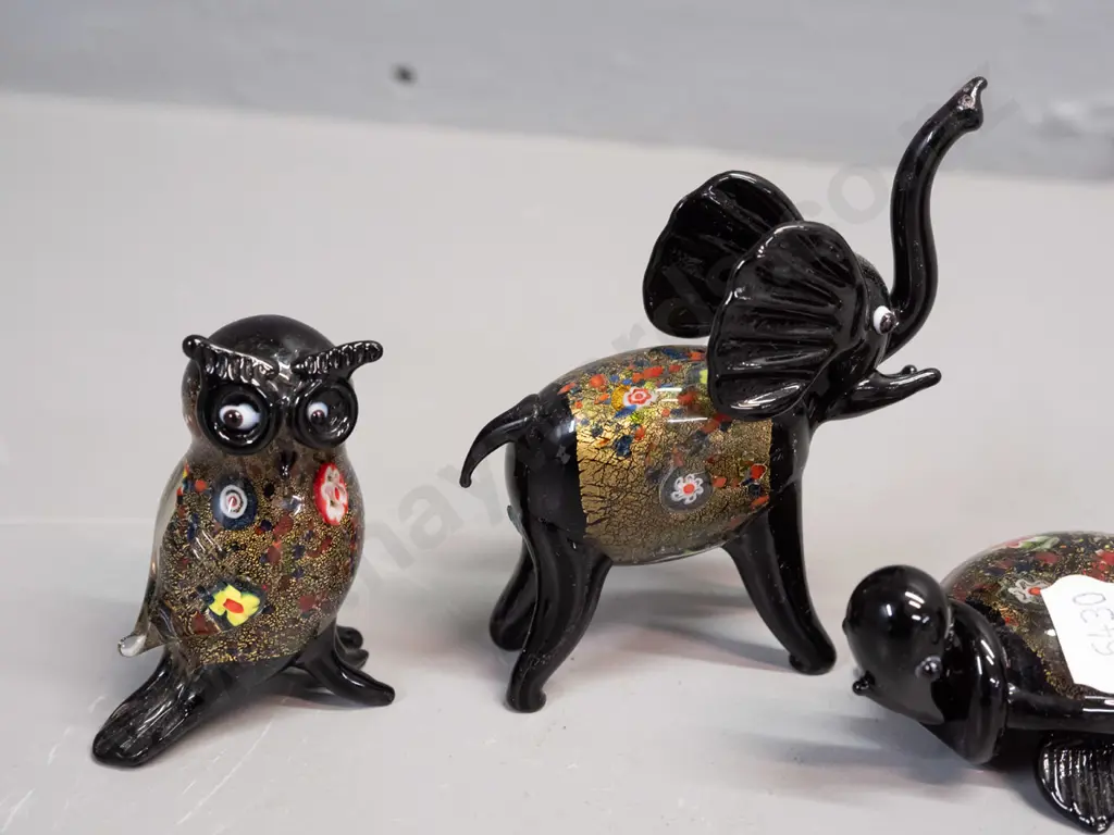 5 small art glass animals - black with gilt and millefiore style decoration - elephant has slight fretting near end of Image 1++