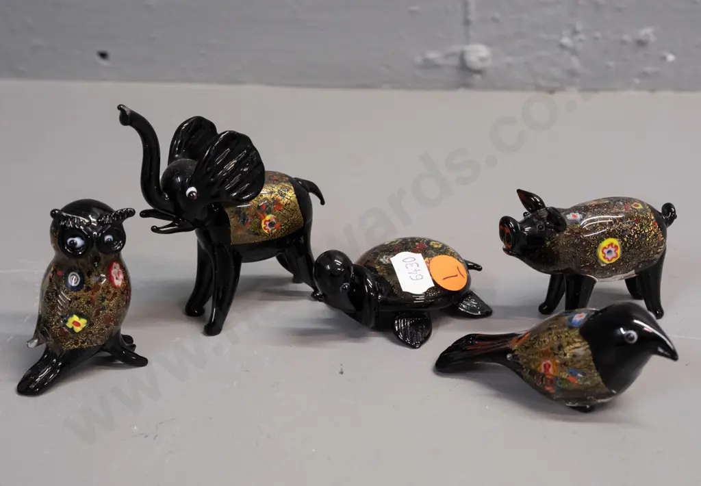 5 small art glass animals - black with gilt and millefiore style decoration - elephant has slight fretting near end of Image 1++