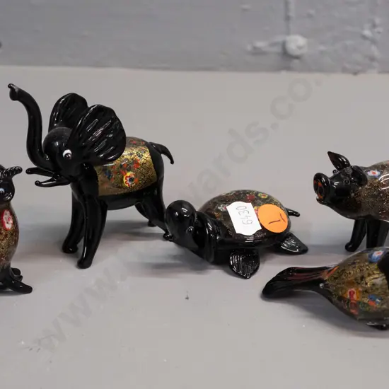 5 small art glass animals - black with gilt and millefiore style decoration - elephant has slight fretting near end of