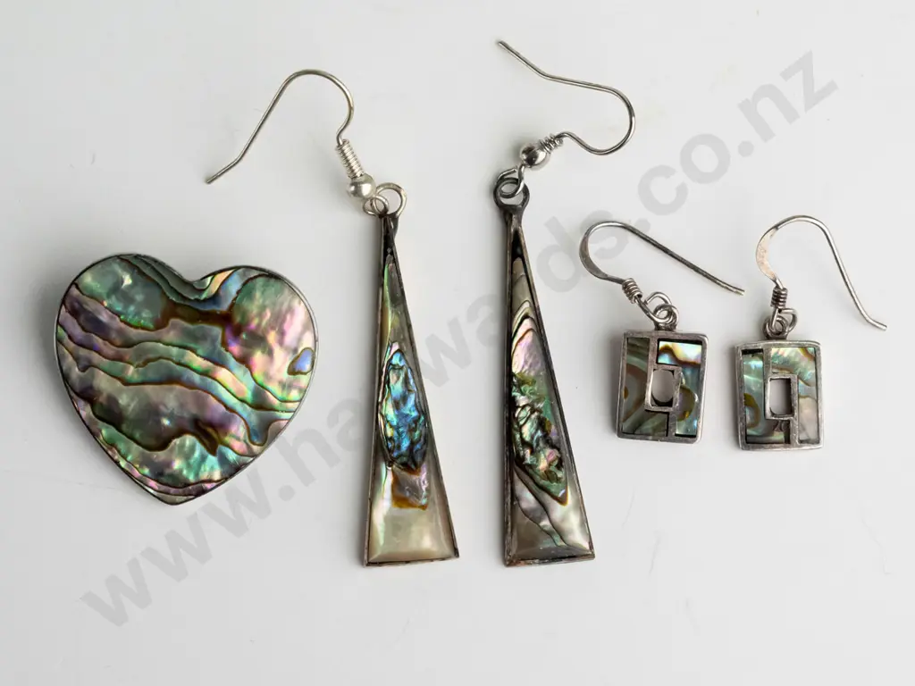 2x pairs paua and sterling silver earrings, paua and sterling silver heart brooch Image 1++