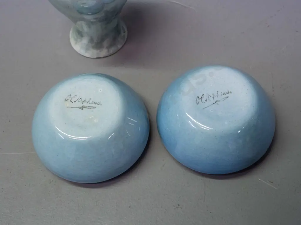 Two O.C. Stephens blue pin dishes and a small Royal Doulton lustre vase H-110 Image 1++