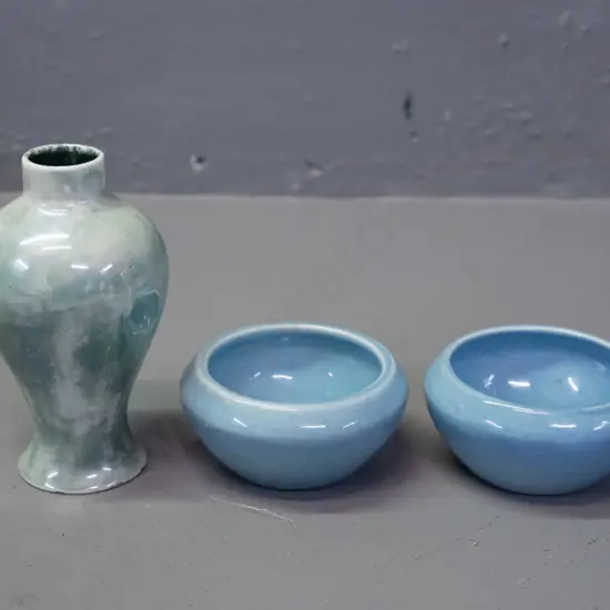 Two O.C. Stephens blue pin dishes and a small Royal Doulton lustre vase H-110