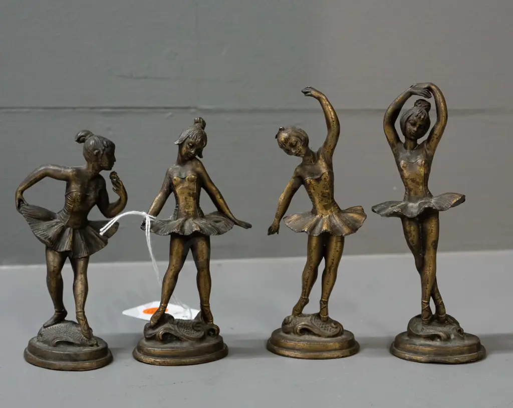 4 retro small cast brass ballerina figures with rococo style bases - tallest is H-125 Image 1++