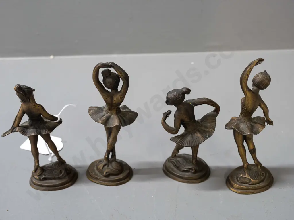 4 retro small cast brass ballerina figures with rococo style bases - tallest is H-125 Image 1++