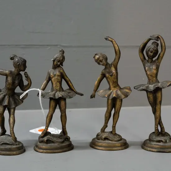 4 retro small cast brass ballerina figures with rococo style bases - tallest is H-125