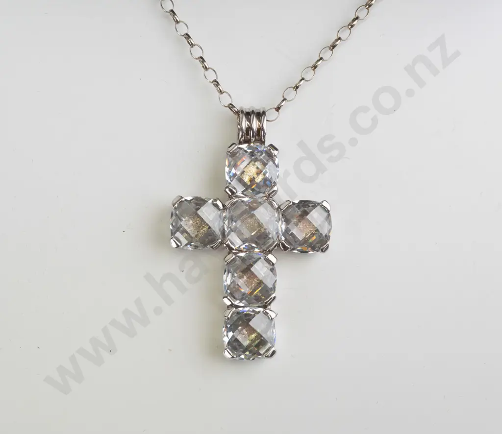 silver 'Kagi' crystal cross necklace chain stamped 925 Image 1++