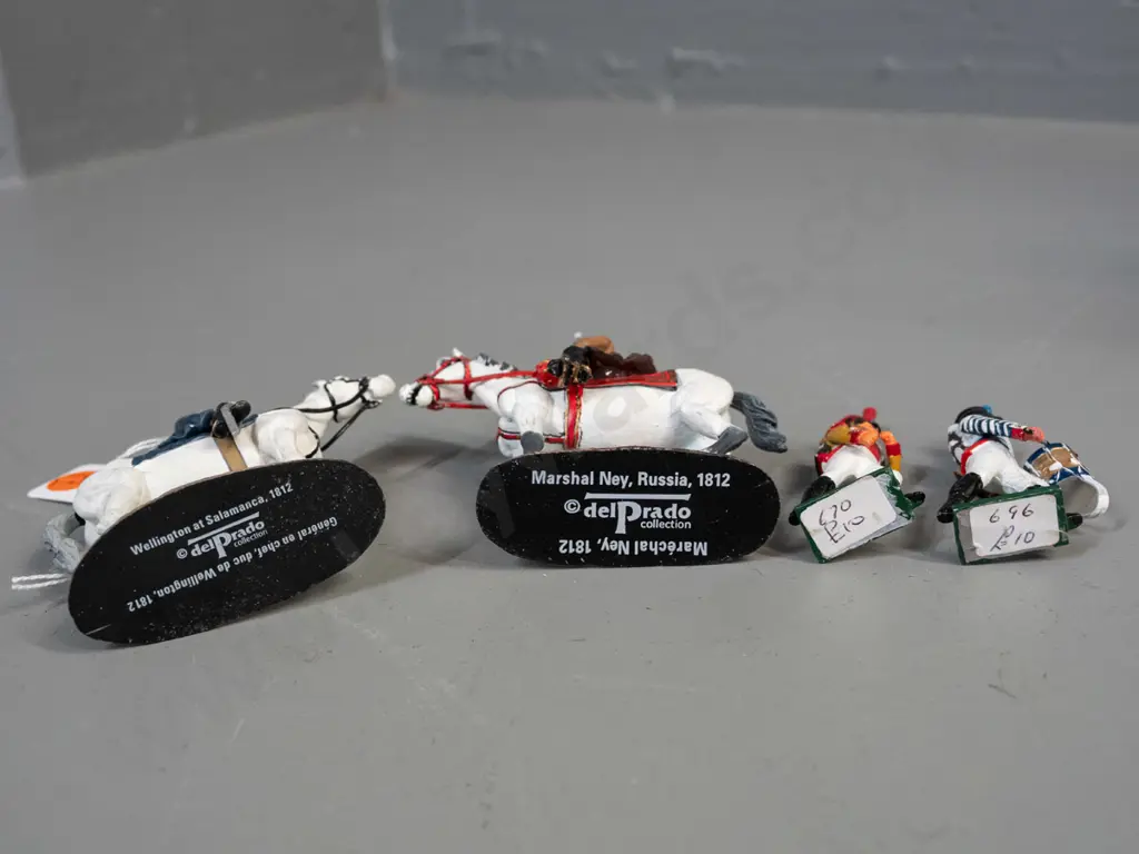 4 hand painted cast metal military figures - 2 larger on horseback have Del Prado sticker on base H-100 L-75 Image 1++