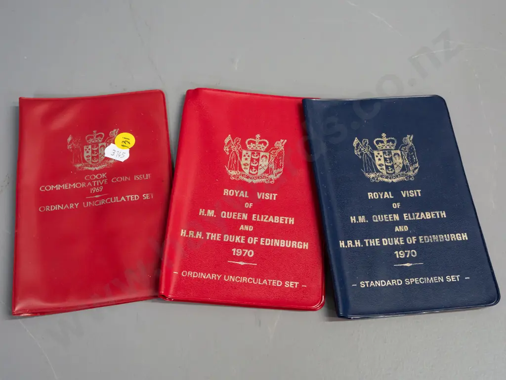 3x New Zealand souvenir coin sets: 1969 Cook, 1970 Royal Visit uncirculated, 1970 Royal Visit standard specimen Image 1++