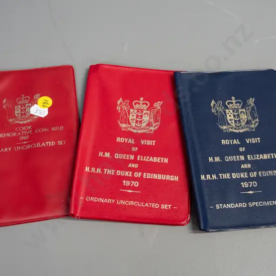 3x New Zealand souvenir coin sets: 1969 Cook, 1970 Royal Visit uncirculated, 1970 Royal Visit standard specimen