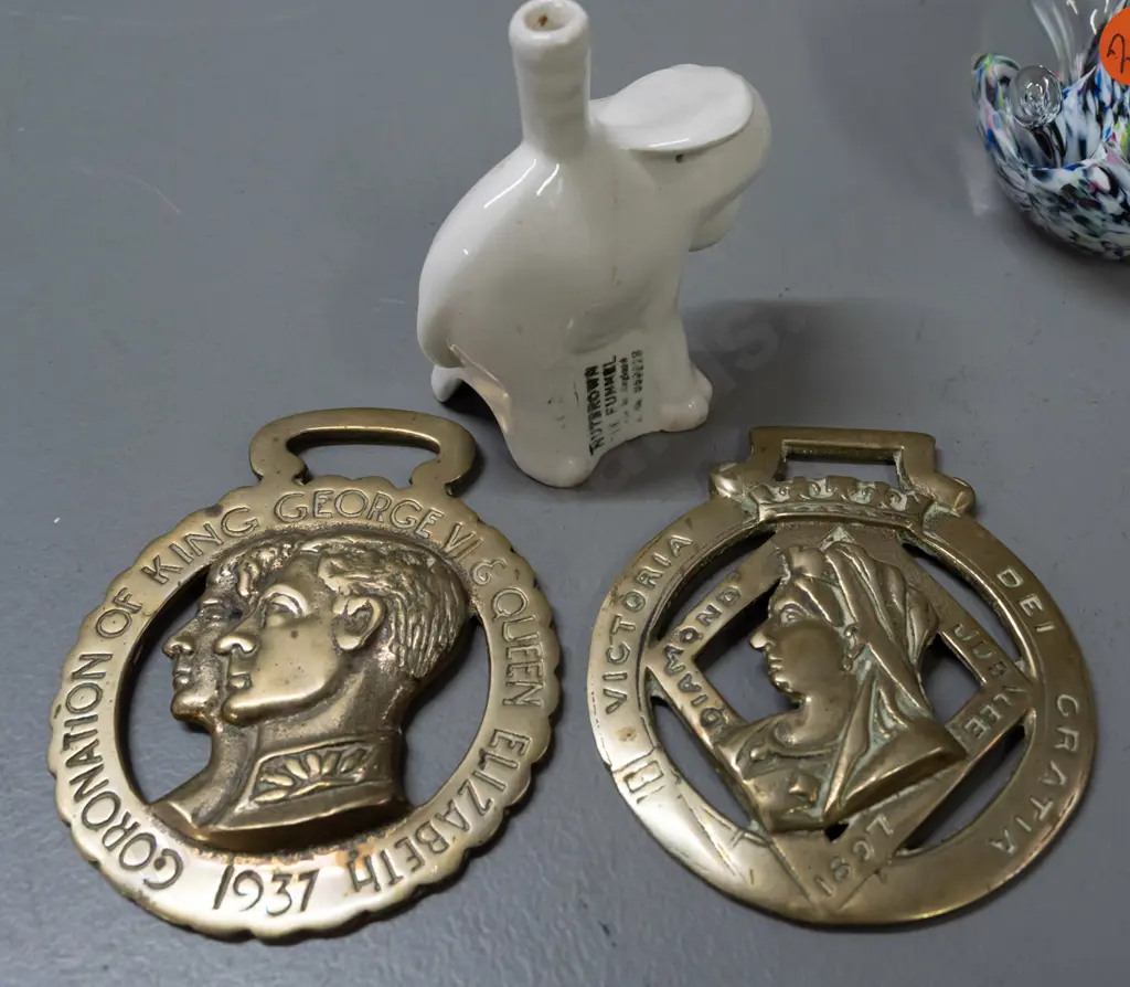 2 horse brasses - King George VI 1937 coronation and Victoria diamond jubilee, Caithness paperweight, elephant pie Image 1++