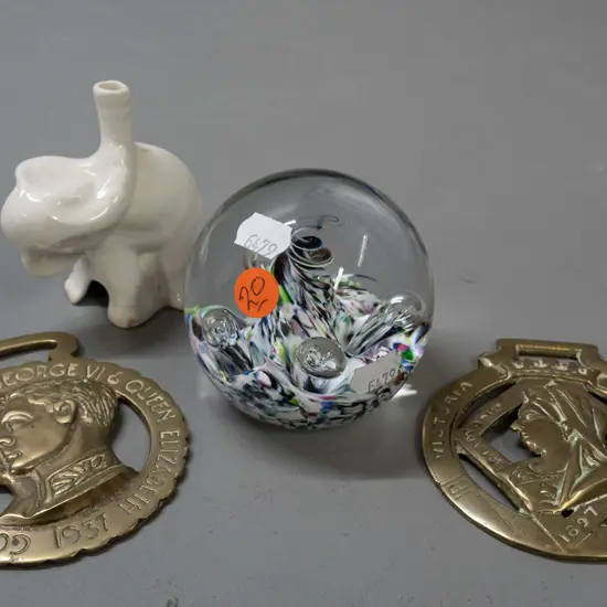 2 horse brasses - King George VI 1937 coronation and Victoria diamond jubilee, Caithness paperweight, elephant pie