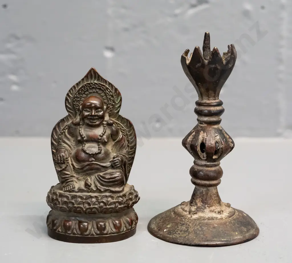 2 small bronze items - Buddha figure and an antique candlestick H-110 has a chip to base and damage at top Image 1++