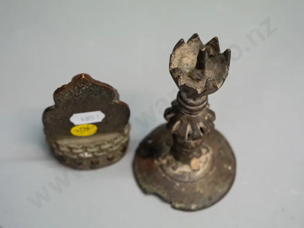 2 small bronze items - Buddha figure and an antique candlestick H-110 has a chip to base and damage at top Image 1++