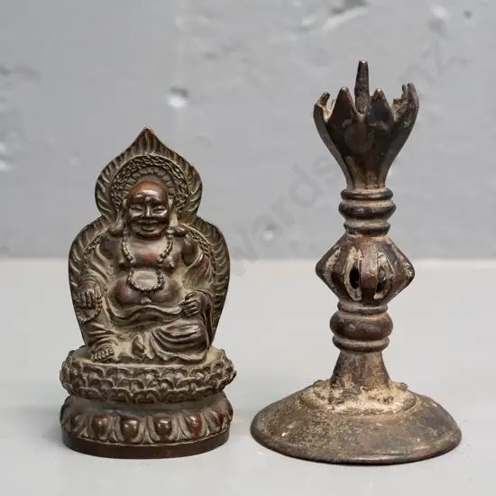2 small bronze items - Buddha figure and an antique candlestick H-110 has a chip to base and damage at top