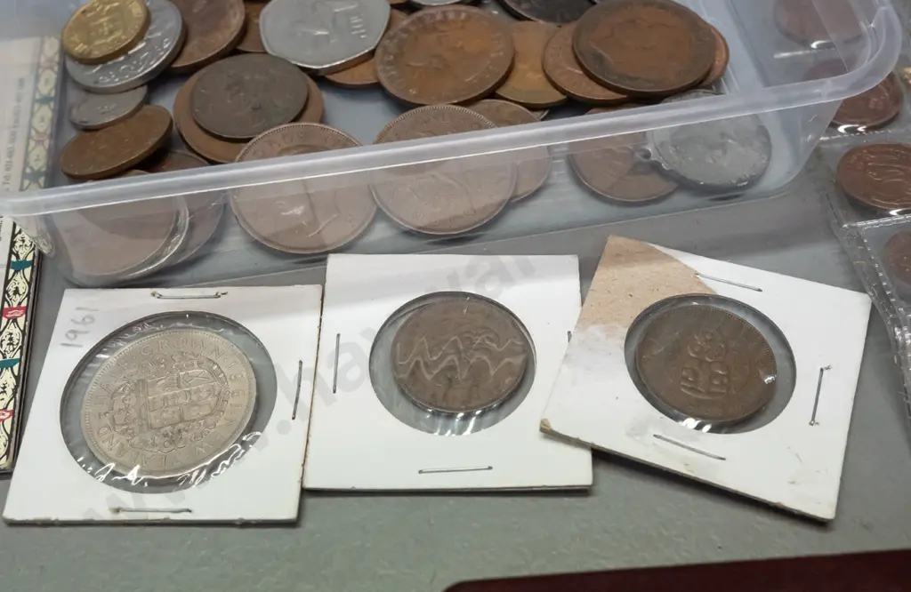 cased English Royal Mint 1953 coronation coin set and a container of assorted coins including some New Zealand Image 1++