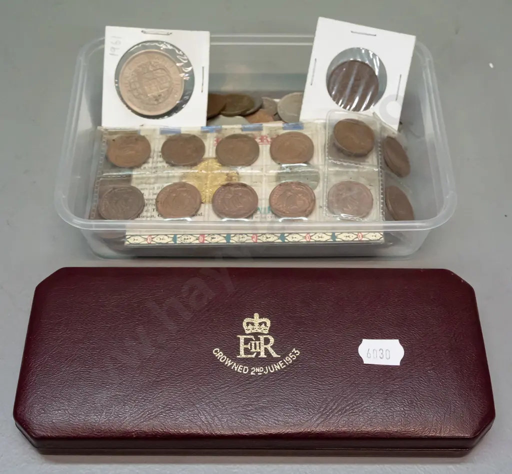 cased English Royal Mint 1953 coronation coin set and a container of assorted coins including some New Zealand Image 1++