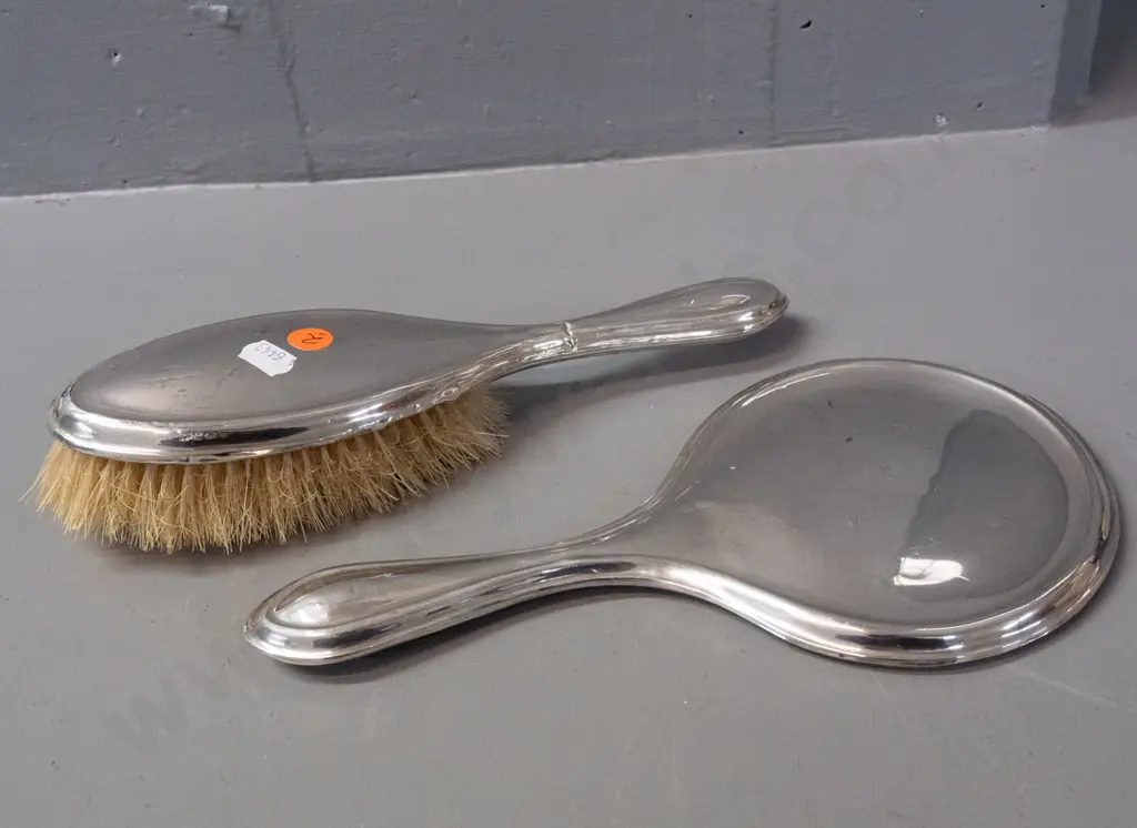 hallmarked sterling silver dressing table brush and mirror - some dents and a crease to silver of brush handle, Image 1++