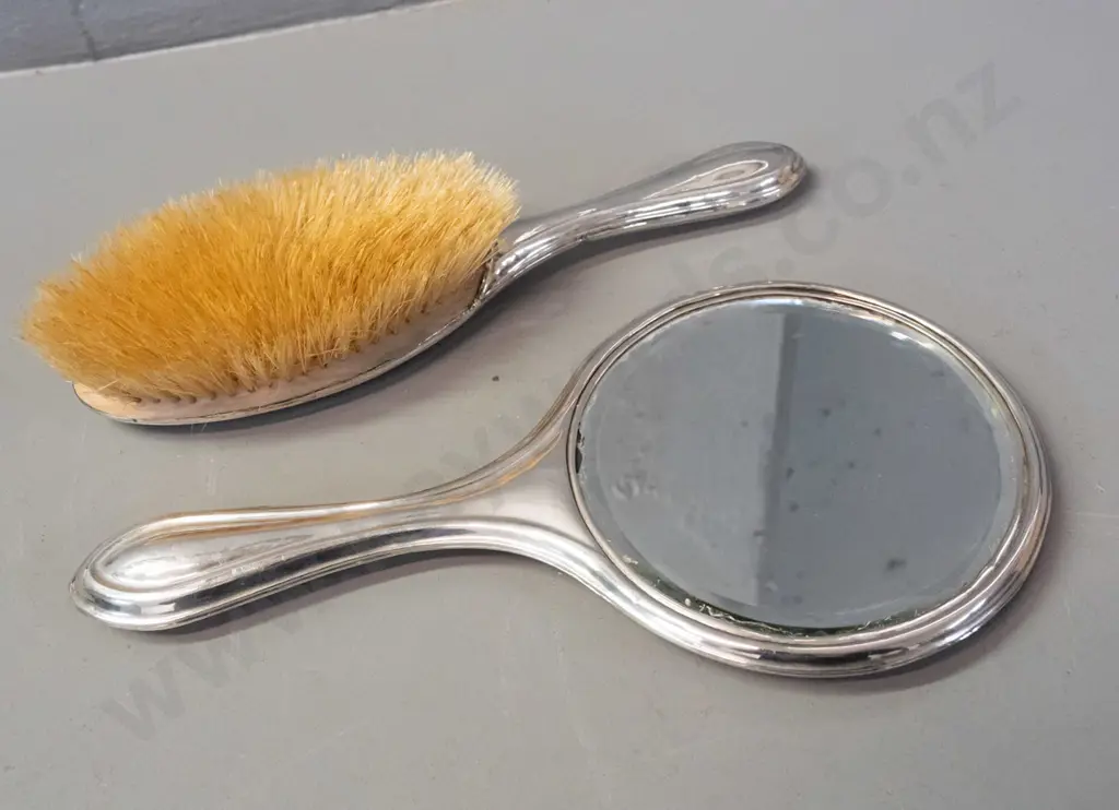 hallmarked sterling silver dressing table brush and mirror - some dents and a crease to silver of brush handle, Image 1++
