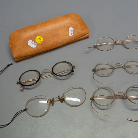 5 pairs vintage spectacles, one is pince nez style, with a more modern case