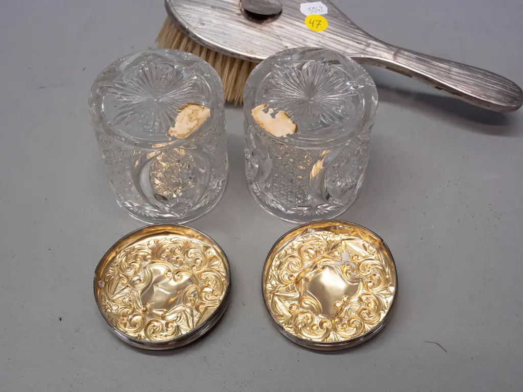 3x sterling silver mounted dressing table items, hairbrush and 2x moulded glass pots. Image 1++