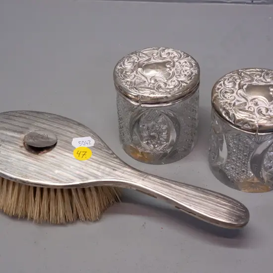 3x sterling silver mounted dressing table items, hairbrush and 2x moulded glass pots.